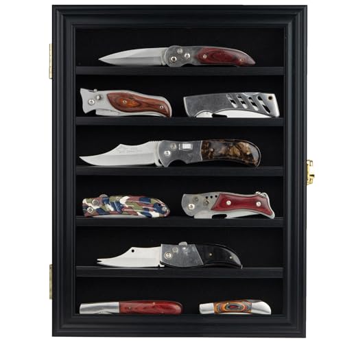 DisplayGifts Pocket Knife Display Case Stand Military Folding Knives Shadow Box 98% UV Protection Lockable, Black Finish (Small - Black)
