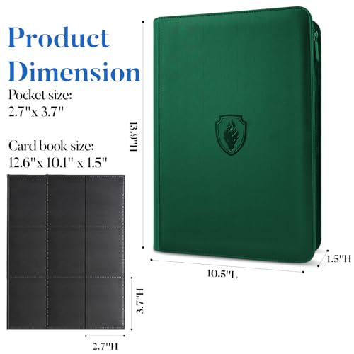 Image of Premium Zip Card Binder, Fabmaker 9 Pocket Trading Card Binder, PU Cover Zipper Card Collection Album, Sturdy 360 Side-Loading Card Folder Holder for Game & Sports Cards, Dark Green