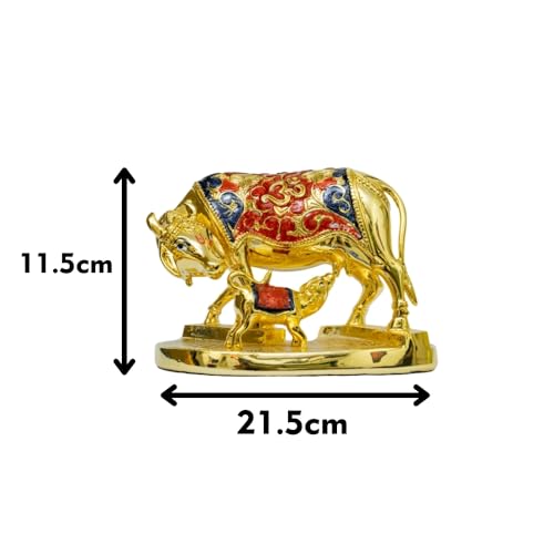 Image of Gold Meenakari Kamadhenu Cow with Calf Idol | Handcrafted Traditional Gold-Plated Holy Cow & Calf Statue | Vastu & Pooja Room Decor | Meenakari Gold Cow Idol | Size 21.5cm x 15cm x 11.5cm