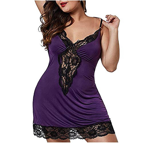 Women Plus Size Chemise Lingerie Sexy Satin Chemise Lace Trim Nightgowns Silk Nighty Lingerie Sets Purple