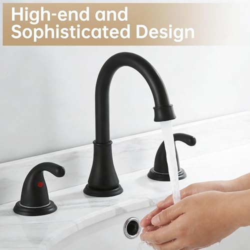Image of Bathroom Sink Faucet FRANSITON Centerset 8 Inch 2 Handle Bathroom Sink Faucet Lead-Free with Pop-up Drain Stopper and Supply Hoses (Matte Black, 8 Inch)