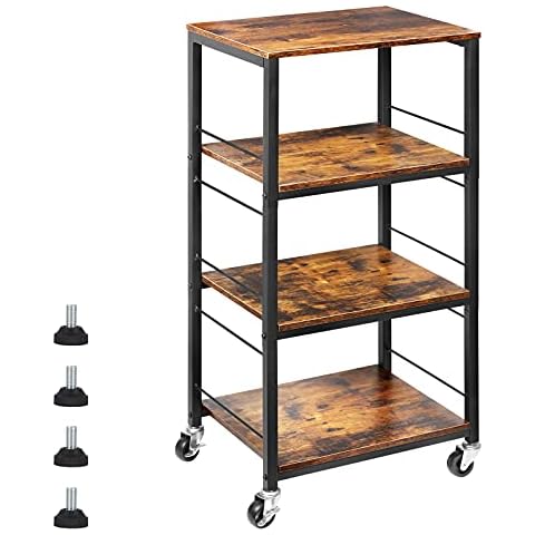 CADUKE Rolling Kitchen Cart Industrial Serving Cart 4 Tier Wood Utility Island on Wheels Rolling Bar Cart with Storage Farmhouse Microwave Table Serving Trolley Stand for Bathroom Living Room, Brown Cover