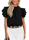 KIRUNDO Blouses for Women Dressy Casual 2026 Spring Summer Ruffle Short Sleeve Mock Neck Work Shirts Tops Fashion Clothing(Black, X-Large)