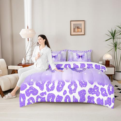Image of Feelyou Cute Butterfly King Comforter Set with Sheets for Kids Boys Girls Leopard Print 7 Pieces Bedding Set Butterflies Print Bed in a Bag Glitter Dreamy Princess Soft