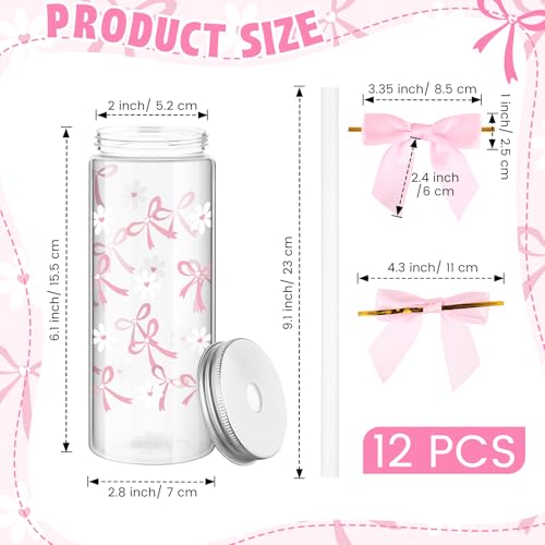 Skylety 12 Pcs 14 oz Pink Bow Cups Flower Plastic Cup with Straw Lids Reusable Plastic Tumbler with Pink Twist Bow Coquette Aesthetic Drinking Tumbler for Birthday Wedding Party Women Baby Shower by Skylety - Used condition - Image 2