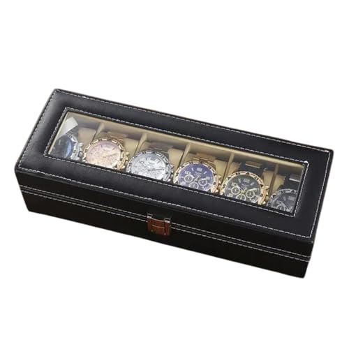 Voihamy Fundas de reloj para hombre, organizador de relojes de piel sintética impermeable para hombres con 6 ranuras, almohadas de reloj extraíbles, tapa transparente grande, organizador de caja de
