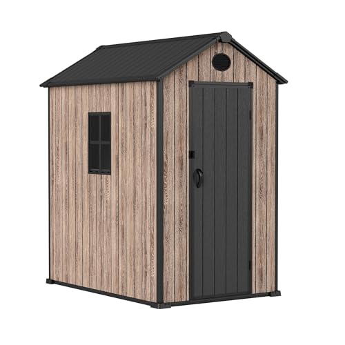 Hoggar – Caseta de Resina Jardín 2,70m2 Oak O30 - Suelo Incluido – Ventana Lateral – Efecto Madera Premium – Protección UV e Impermeable – Cierre con Pasador – Respiraderos - Puerta Batiente