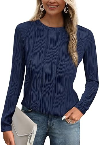 PRETTYGARDEN Long Sleeve Tops for Women Spring Fall Trendy Business Dressy Casual Shirts Crewneck Textured Blouse Clothes (Navy,X-Large)