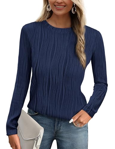 PRETTYGARDEN Long Sleeve Tops for Women 2025 Spring Fall Trendy Business Dressy Casual Shirts Crewneck Textured Blouse