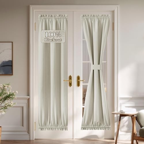 NICETOWN 100% Blackout Linen Door Curtain for Back Door Window, 26"W x 72"L, Privacy Protection Thermal Insulated French Front Window Covering for Patio Rod Pocket with Tieback, Light Beige,