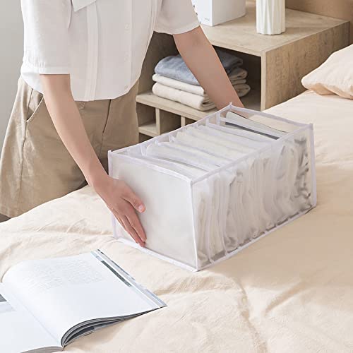 Wardrobe Clothes Organizer - 7 Grids Washable Drawer Dividers for Clothes - Pants, Jeans, T Shirt Organizer for Drawer - Folded Closet Organizers, Mesh Clothes Storage Organizer (White-2PC-Large)