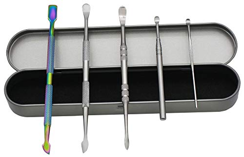 Pearwell (Pack of 5) Double-sized Stainless Steel Rainbow Wax Carving Tools Set with silicone covers and Tin Case (B)