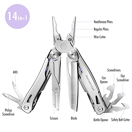 Fantasticar 14 In 1 Multitool With Spring-Action Pliers, Scissors, Knife Blade, Screwdriver, Bottle Opener, And Ideal For Father's Day Gift (Purple) #TOP1