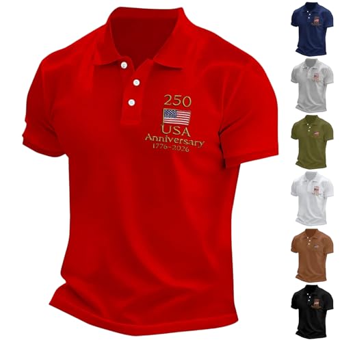 LVOFTJU 250 Anniversary Usa,250 Anniversary Usa Shirt Mens American Flag Patriotic 1776-2026 4th Of July Shirts For Men Casual Hawaiian Short Sleeve Golf Polo Tops,Red,L