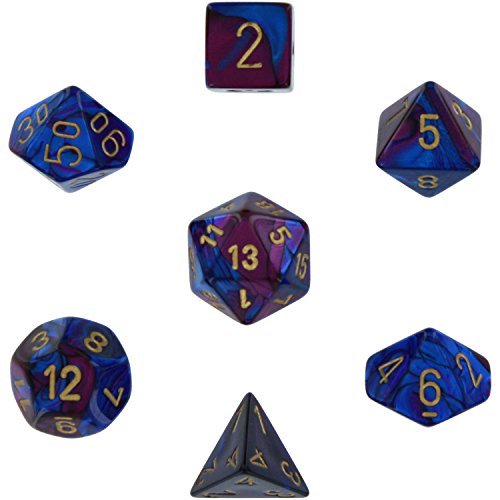 Chessex Manufacturing Cube Gemini Set of 7 Dice - Blue & Purple with Gold Numbering CHX-26428