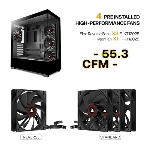 KEDIERS PC Gehäuse Vorinstallierter 4 × 120MM Schwarz Lüfter, ATX Mid Tower PC Gehäuse, Computergehäuse mit Panoramaaussicht Gehärtetes Glas Front Panel,Schwarz，P4