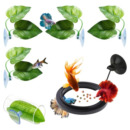 HyzaPhix 6 Stück Aquarium Dekoration, Betta Aquarium Zubehör, Betta Bett Blatt Hängematte, Fisch Futterring, Betta Fisch Tunnel Versteck Ornament für Aquarien (6 Stück)