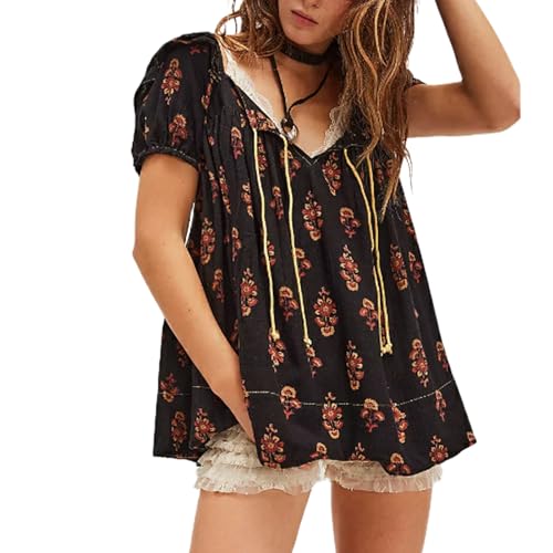 Women Y2k Boho Floral Tie Front Peplum Blouse Tops Puff Short Sleeve Ruffle Tunic Babydoll T-Shirts Going Out Top