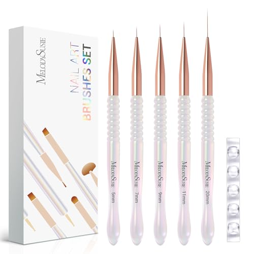 MelodySusie 5Pcs Nail Art Liner Brushes with Nail Brush Holder, Professional Gel Polish Painting Art Design Pen for Thin Long Lines, Tiny Details, Fine Drawing, Delicate Coloring Sizes 5/7/9/11/20mm