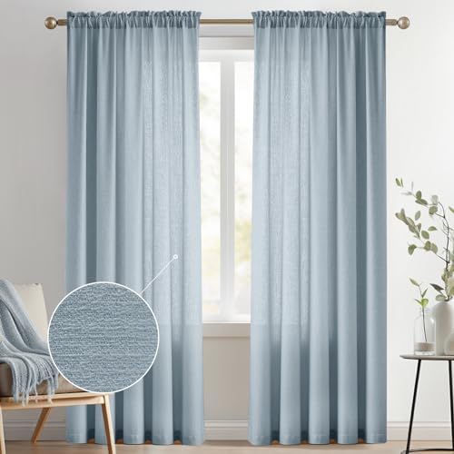 Image of Melodieux Dusty Blue Semi Sheer Curtains 84 Inches Long for Living Room, Bedroom Linen Look Farmhouse Rod Pocket Shiny Sheer Curtain Drapes Light Filtering Home Office, 52 inch W x 84 inch L, 2 Panels