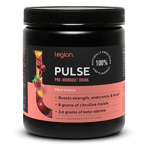Image of Legion Pulse Pre Workout Supplement - All Natural Nitric Oxide Preworkout Drink to Boost Energy, Creatine Free, Naturally Sweetened, Beta Alanine, Citrulline, Alpha GPC (10 Serving Fruit Punch)