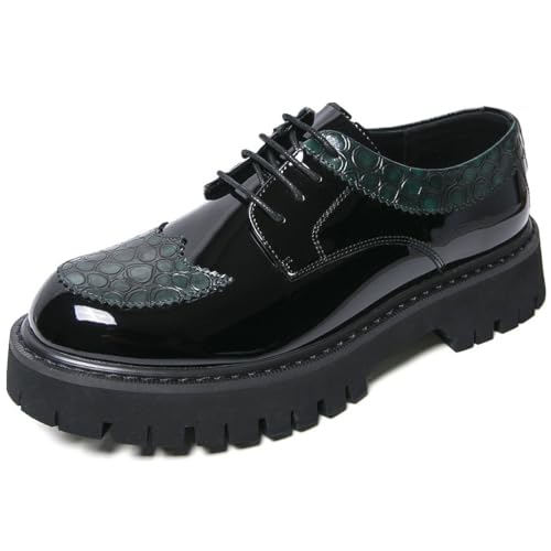 Image of Men's Patent Leather Platform Wingtip Oxford Shoes with Rivets Round Toe Lace Up Lug Sole Brogue Dress Shoes Comfortable Business Work Causal Derby Oxfords