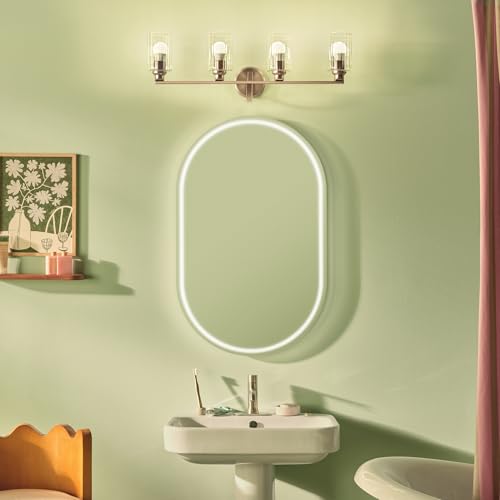 Image of Kichler Gioe 32.25 in 4-Light Bathroom Vanity Light Fixture with Clear Fluted Glass in Champagne Bronze, Damp Rated for Mirror, Powder Room (32.25 in W x 10.5 in H), 55227CPZFLU