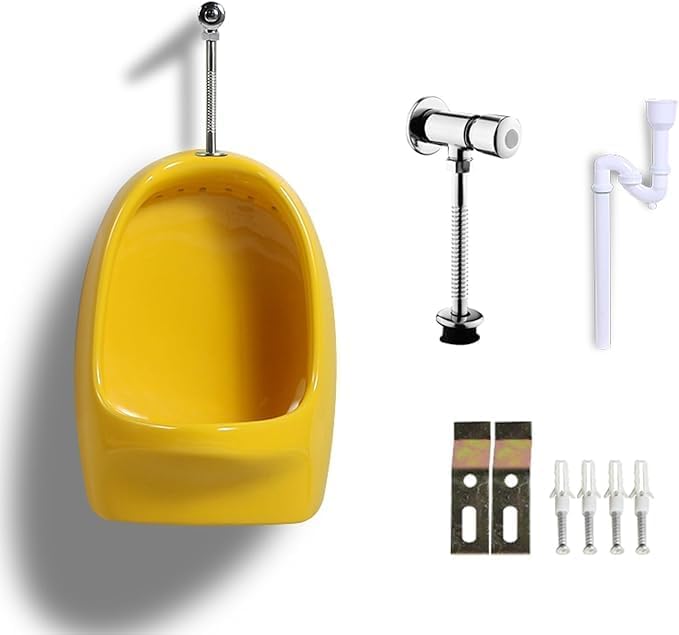 High Efficiency Yellow Wall-Mounted Urinal Screen for Kids, Manual Flush Valve Ceramic Trough, Ideal for Bar, Bathroom, Hotel, and Shop Use.