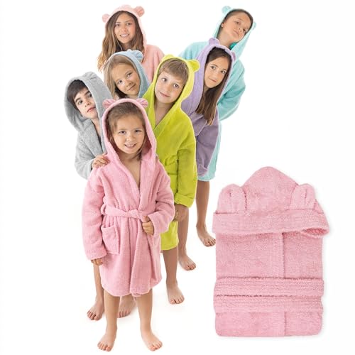 LEBENGOOD - Albornoz Niños Niñas unisex, Infantil con Orejas - 100% Algodón OEKO-TEX® - 2 Bolsillos, Cinturón, Capucha, Albornoces e Niño niña, adolescente (Oreja Rosa 1-2)