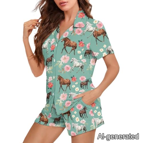 Image of Renewold Women's Short Sleeve Pajama Set Button Down Sleepwear with Notch Collar Soft Lounge Top and Shorts with Pockets