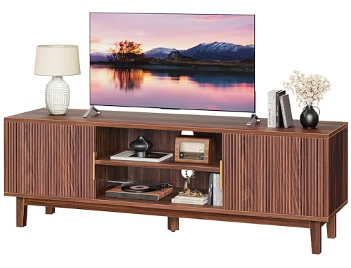 PRAISUN 54 Inch Fluted TV Stand for TVs Up to 55 60 Inch Mid Century Modern Entertainment Center with Storage TV Console with Adjustable Shelves Midea Console for Living Room Bedroom Brown