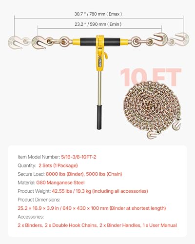 Image of VEVOR Ratchet Chain Binder, 5 /16 in x 10 ft G80 Chains, 8000 lbs Working Load of Ratchet Load Binder, Chains and Binders Set, Tie Down Hauling Chain Binders for Hauling, Towing, Logging, Lifting