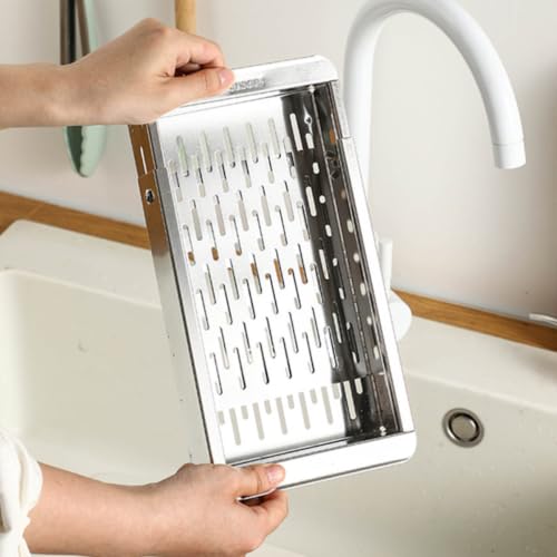 Escurreplatos de acero inoxidable telescópico y organizador de fregadero 8