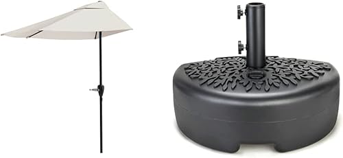 Pure Garden 9-Foot Half Patio Umbrella Easy Crank Semicircle Opening Shade Canopy & Home Zone Living 40lb Half Round Fillable Patio Umbrella Base