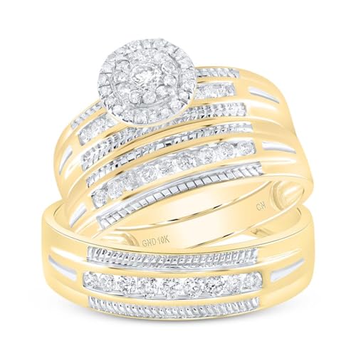 Jewels By Lux 10K Yellow Gold His Hers Round Diamond Halo Matching Wedding Set 5/8 Cttw, Womens Size 5-9, Mens Size 8-12