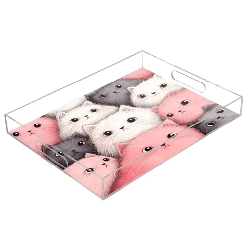 Msyxl Kawaii Kitten Serving Tray for Coffee Table, Decorative Acrylic Tray Kawaii Kitten Tray with with Handles for Breakfast, Ottoman, Countertop, 12x16 in