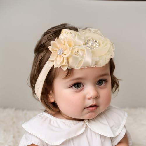 2 pcs Baby Girls Flower Headbands Set Floral Chiffon Bow Hairbands with Crystal Elastic Pearl Hair Accessoties for Newborn Infant Toddler (White 1, Standard Small)2