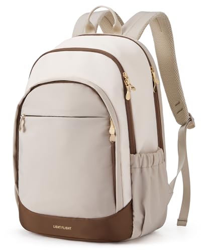 Image of LIGHT FLIGHT Travel Backpack for Women, 15.6 Inch Laptop Backpack with USB Charging Hole, Water Resistant College Bookbag, Large Capacity Black Computer Backpacks for Work, Beige+Brown