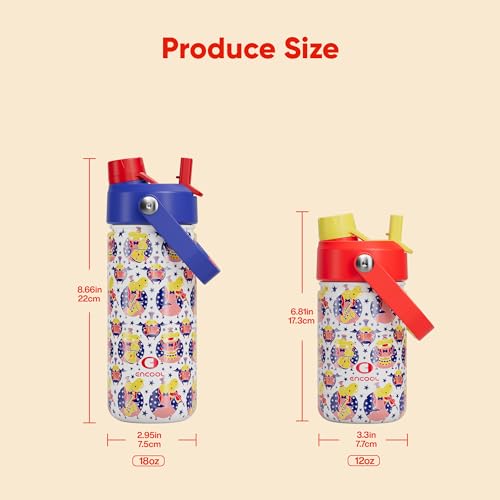 Image of Kids Insualated Water Bottle with Straw,12oz Stainless Steel Water Bottle with Dual Spouts, Leak-Proof,BPA-Free,Double Wall Vacuum Keeps Cold for 24 Hours for Sports,Travel,School (White Hippo Parade)