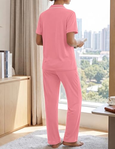 Image of ZMJ Womens Pajamas Sets 2 Piece Button Up Pj Sets Short Sleeve with Long Pant