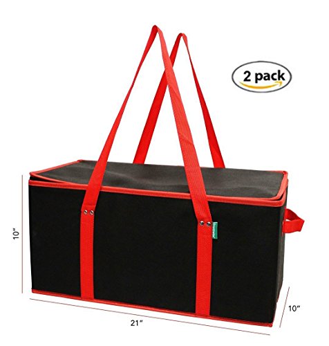 Earthwise Insulated Food Delivery Grocery Bag Carrier (Set of 2) Collapsible Extra Large Waterproof Reusable Shopping Tote Zipper Top Lid For Hot or Cold Food Reinforced Bottom Panel