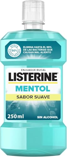 Listerine Mentol Sabor Suave (1x250 ml), enjuague bucal con flúor y 0% alcohol, colutorio encías con 24 h de protección, enjuague bucal sin alcohol para un aliento fresco