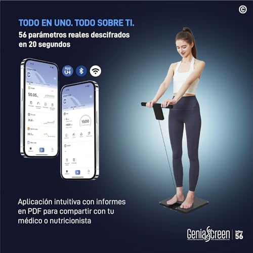 Bascula Bioimpedancia Digital con Pantalla LCD hasta 220Kg GeniaScreen - 56 Mediciones para Masa Muscular Grasa IMC con App - Báscula de Peso Corporal Alta Precisión Wi-Fi Bluetooth 8 Electrodos - imagen 3