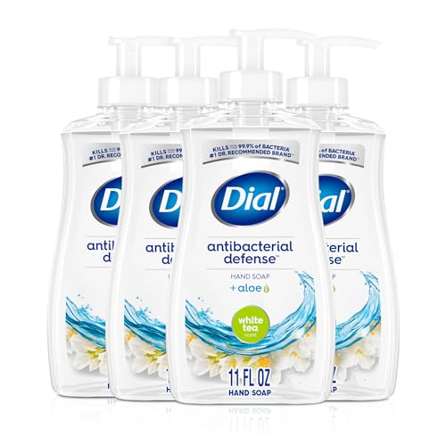 Dial Antibacterial Defense Liquid Hand Soap + Aloe, White Tea Scent, 11 Fl Oz (Pack of 4), Dermatologist-Tested Hand Wash, Gentle Formula