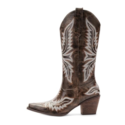 Image of Cowboy Boots for Women - Embroidered Western Cowgirl Boots with Fashion Snip Toe, 1.75-Inch Low Block Heel and All-Day Comfort Fit
