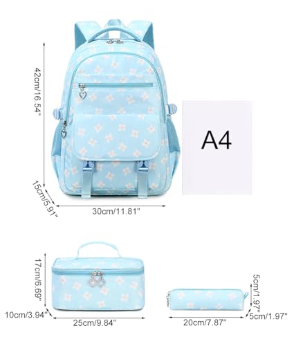 JiaYou Girls Primary School Backpack Sets 3Pcs Daypack Flower Pattern Elementary Bookbag with Lunch Bag Pencil Case(Blue,18 Liters)2