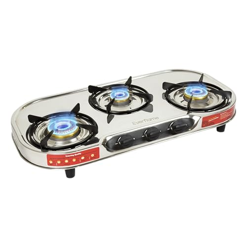 Image of Everflame Swift VT3 3 Burner Gas Stove | Stainless Steel Body | Tri-Pin Brass Burners | Gas Saver Technology | Manual Ignition | Ergonomic Knobs | 360 Brass Nozzle | 2 Years Manufacturer Warranty