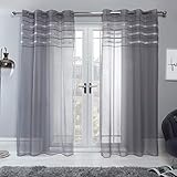 Sienna Voile Net Curtains for Windows Latina Diamante Band Eyelet Ring Top Sheer Curtains for Living Room Bedroom Soft Luxury Charcoal Grey Net Curtain 2 Panel, 55" x 87" - Image 1