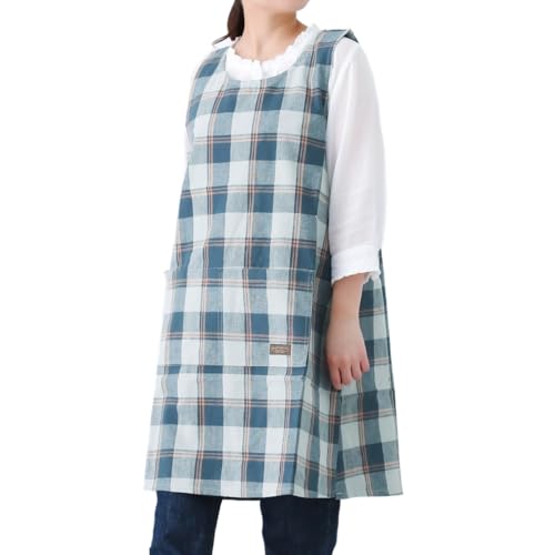 チェック柄 お尻が隠れる ワンピース エプロン 綿混 ダブリエ ワンピース 保育士 チュニック カフェエプロン ロング かわいい ドット ギフト サロン レディース (85ネイビー, Mサイズ)