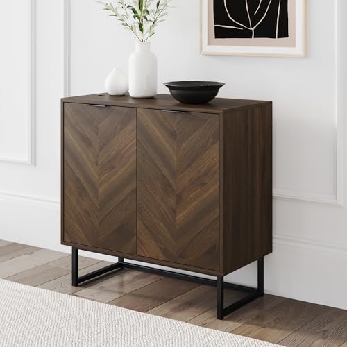 Nathan James Enloe Modern Sideboard Buffet Storage Accent Cabinet with Doors in a Rustic Walnut Finish and Black Matte Metal Base for Hallway, Entryway, Kitchen or Living Room, Walnut/Black